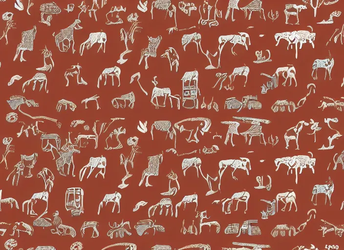 Image similar to painted pattern which depicts figures of ancient hunters, mammoths and vw buses, rock cave painting, red ocher, finger painting