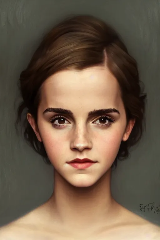 Prompt: full portrait of a beautiful Emma Watson, Regal, Realistic, Refined, highly Detailed Digital Art, Oil Painting, William-Adolphe Bouguereau, WLOP, Dynamic lighting, daily deviation, beautiful character illustration by Greg Rutkowsktrending on artstation, Cinematic Lighting, Unreal Engine, 8k, HD