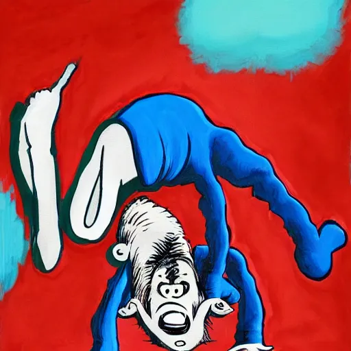 Prompt: painting of chucky doing a handstand by dr seuss | horror themed | creepy