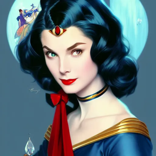 Image similar to Grace Kelly with Dark Blue Hair as Sailor Moon, western, D&D, fantasy, intricate, elegant, highly detailed, digital painting, artstation, concept art, matte, sharp focus, illustration, art by Artgerm and Greg Rutkowski and Alphonse Mucha