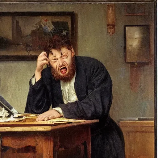 Image similar to an angry man yells at his computer monitor, oil on canvas, 1 8 8 3, highly detailed