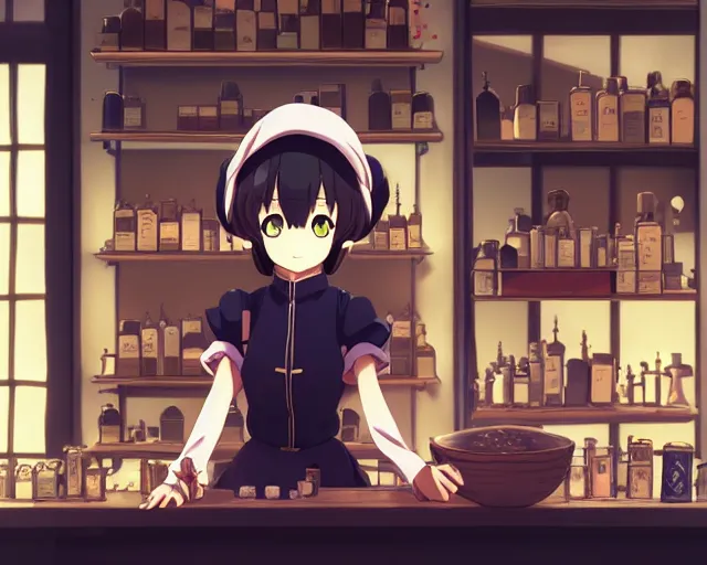 Image similar to anime visual, portrait of a young female traveler in a alchemist's potion shop interior, cute face by yoh yoshinari, katsura masakazu, cinematic luts, cold studio lighting, dynamic pose, dynamic perspective, strong silhouette, anime cels, ilya kuvshinov, cel shaded, crisp and sharp, rounded eyes, moody