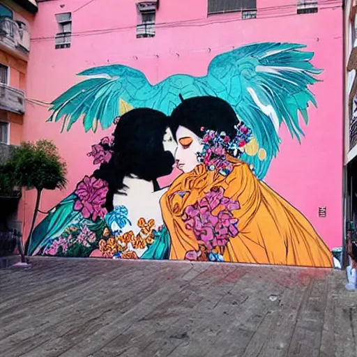 Prompt: an enormous mural in pink and orange, many colorful birds and exuberant fish kissing, urban Street art by refreshink, l7m, pantone, ghibli, alphonse mucha, Gustav klimt