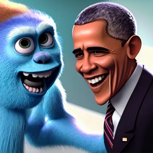 Image similar to Obama as a monster in the movie Monsters Inc::a kid is standing next to him::Happy and laughing