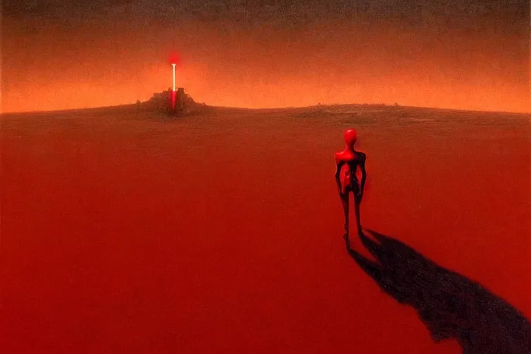 Image similar to only with red, a red god of death eat apple, a futuristic city on mars in background, an ancient path, pathos, in the style of beksinski, part by hopper, part by rodcenko, part by hofbauer, intricate composition, red by caravaggio, insanely quality, highly detailed, masterpiece, red light, artstation