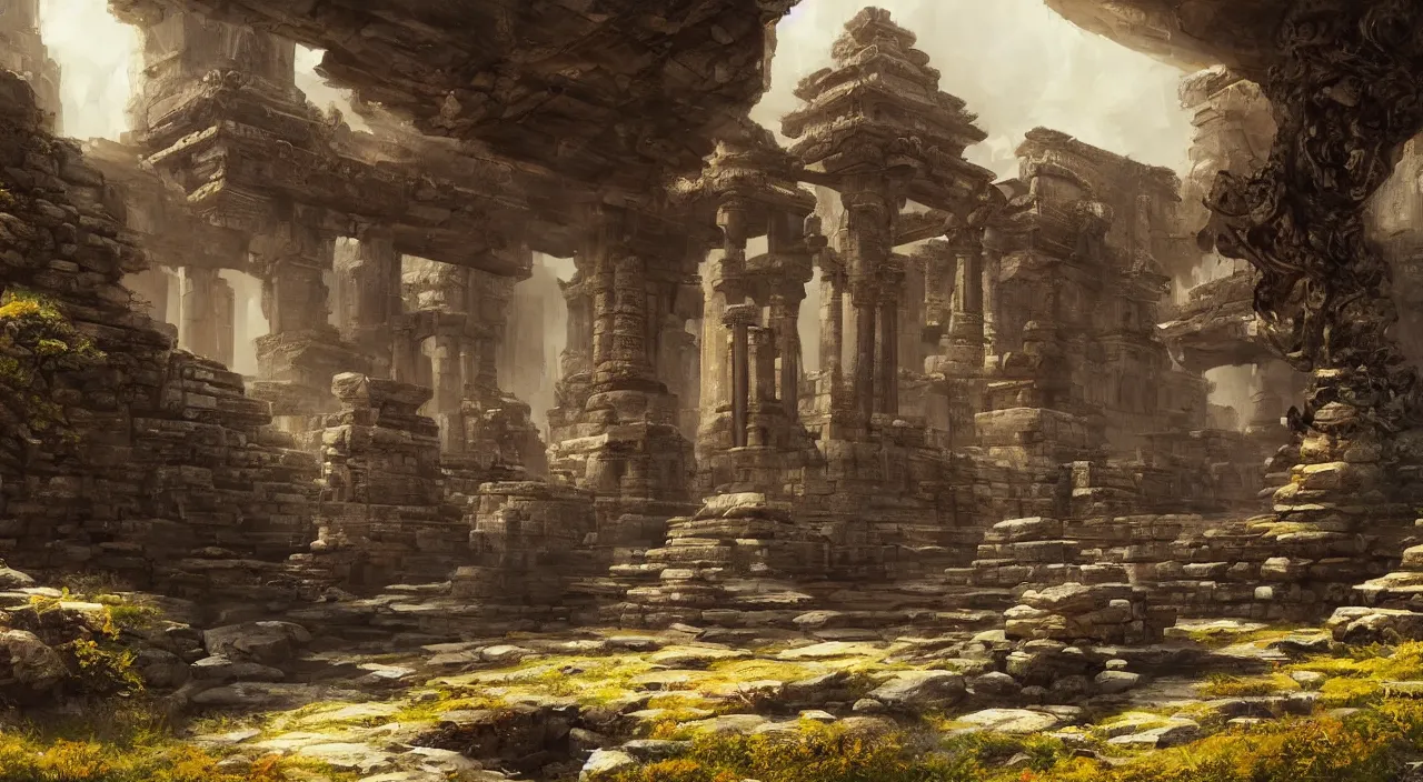 Image similar to a beautiful painting of a ancient temple on another world by sam spratt | wide angle | unreal engine :. 3