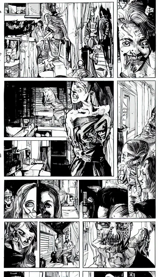 Image similar to multi - panel page from a highly detailed horror comic. city. apartment. woman. creature. terror. ink.