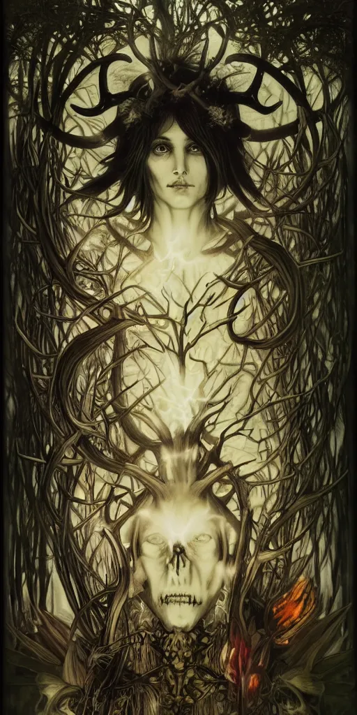 Prompt: intense glowing black metal pagan god with antlers and fangs and intense glowing eyes with a goat skull in very dark forest by marco mazzoni and alphonse mucha, portrait, fantasy, clear, light beams, lens flare, intense, uhd, amazing depth, cinematic lighting