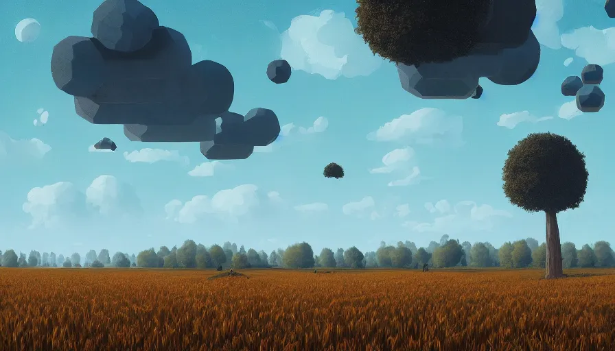 Image similar to floating black hexagons in the sky, wheat harvesting, big tree, person, matte painting, art station, blue sky, simon stalenhag