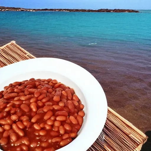 Image similar to “ a bowl of baked beans sitting on a beach, award winning photo ”