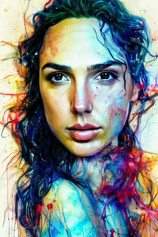 Image similar to gal gadot by agnes cecile enki bilal moebius, intricated details, 3 / 4 back view, full body portrait, extremely luminous bright design, pastel colours, drips, autumn lights