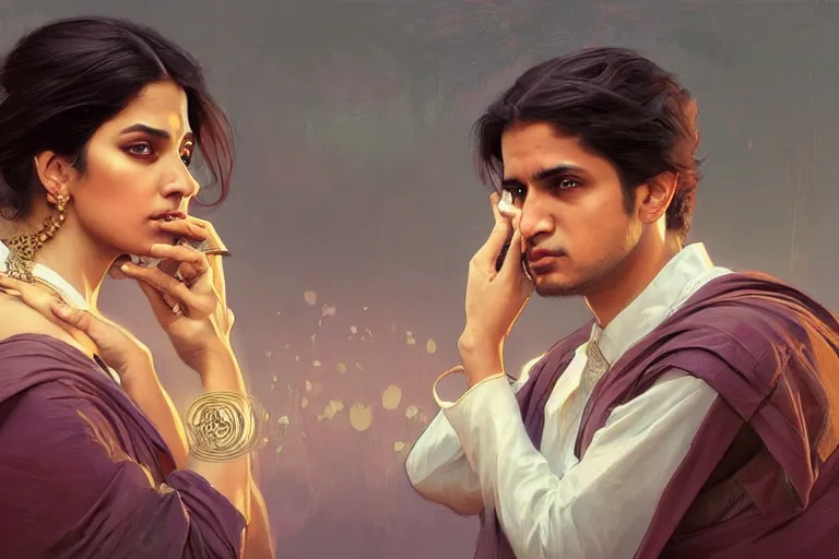 Image similar to Anxious good looking pale young Indian doctors arguing, portrait, elegant, intricate, digital painting, artstation, concept art, smooth, sharp focus, illustration, art by artgerm and greg rutkowski and alphonse mucha