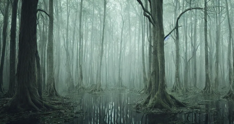 Prompt: A dense and dark enchanted forest with a swamp, by Wes Anderson,