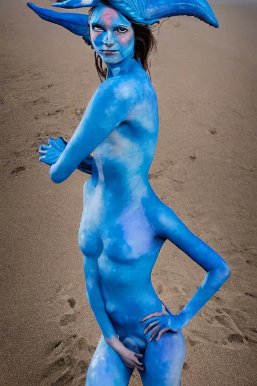 Image similar to a young german woman dressed as a blue-skinned triton from DND standing on a beach, blue body paint, high resolution film still, 8k, HDR colors, cosplay, outdoor lighting, high resolution photograph, photo by bruce weber, beautiful symmetric face