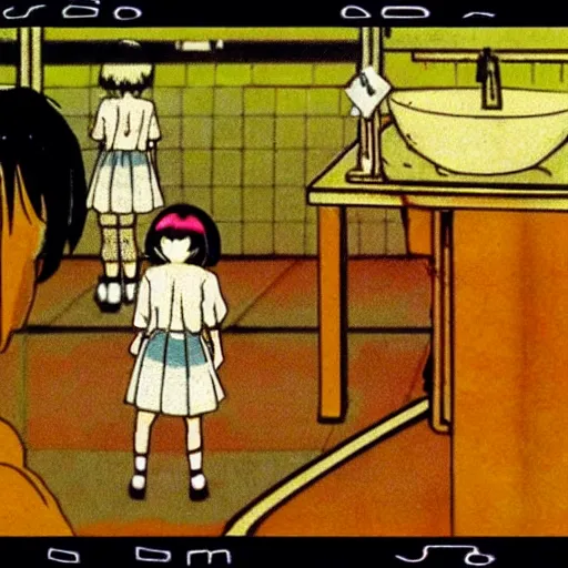 Image similar to screenshot from guro anime, 8 0's horror anime, yellowed grainy vhs footage with noise, schoolgirls trapped in a bathroom, one girl has white hair, in the style of studio ghibli,