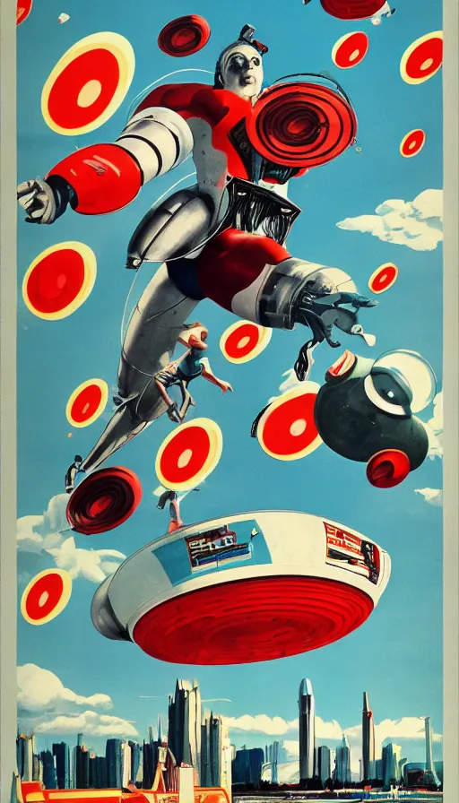 Image similar to giant washing machine attacking city, flying socks, 1 9 6 0 s science fiction poster, atompunk, behance, trending on artstation