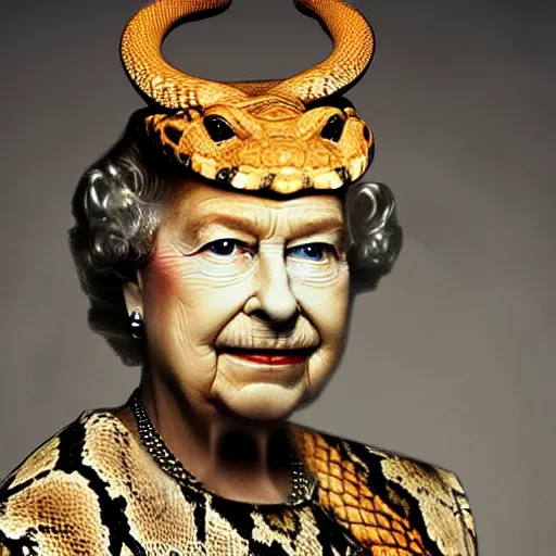 Image similar to queen elizabeth as a reptile, snake woman, snake person