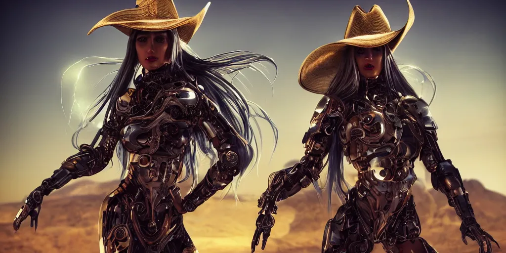 Image similar to Panorama screenshot beautiful female cyborg, beautiful glowing long flowing silver hair, super bright gold glowing eyes, wearing a cowboy hat, photographic highly detailed desert, hybrid from The Elden Ring and art direction by Darius Zawadzki ;by artgerm; wayne reynolds art station; cinematic quality character render; low angle; ultra high quality model; production quality cinema model