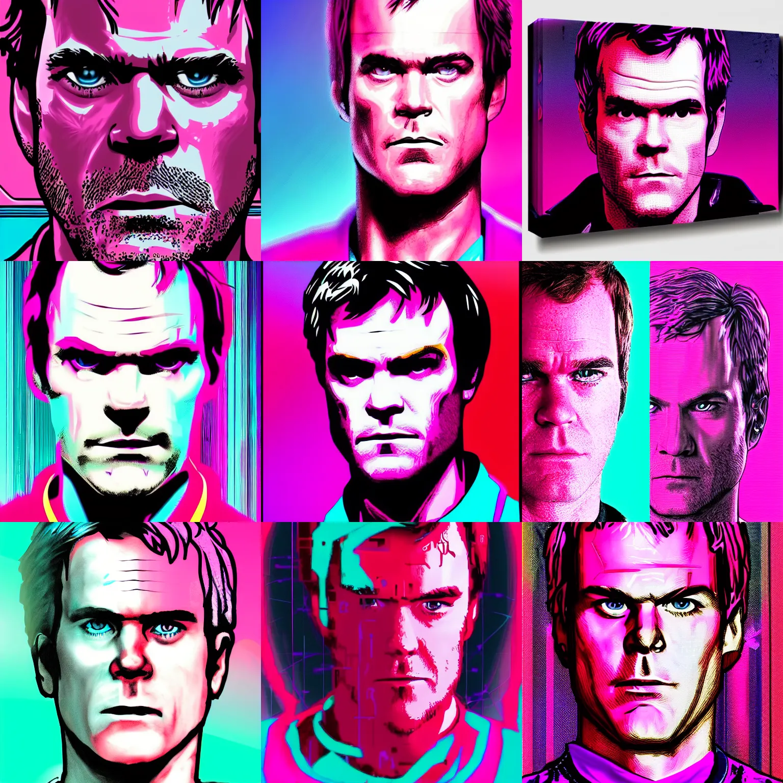 Prompt: pink and purple synthwave dexter morgan face high detail cyberpunk neon pink blue red