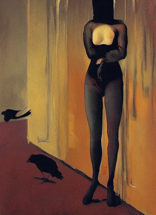 Image similar to a painting of annasophia robb standing on her knees, frozen cold stare, blood red background, transparent gray skirts, stockings, crows swarming trapped in the void as a symbol of death, in style of Edward Hopper, surrealism of Francis Bacon painting, Ilya Kuvshinov, John Singer Sargant, impasto textures of Chaim Soutine and Frank Auerbach, American Gothic, Japanese Gothic,