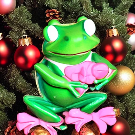 Prompt: two frogs dancing with a pig underneath of a Christmas tree