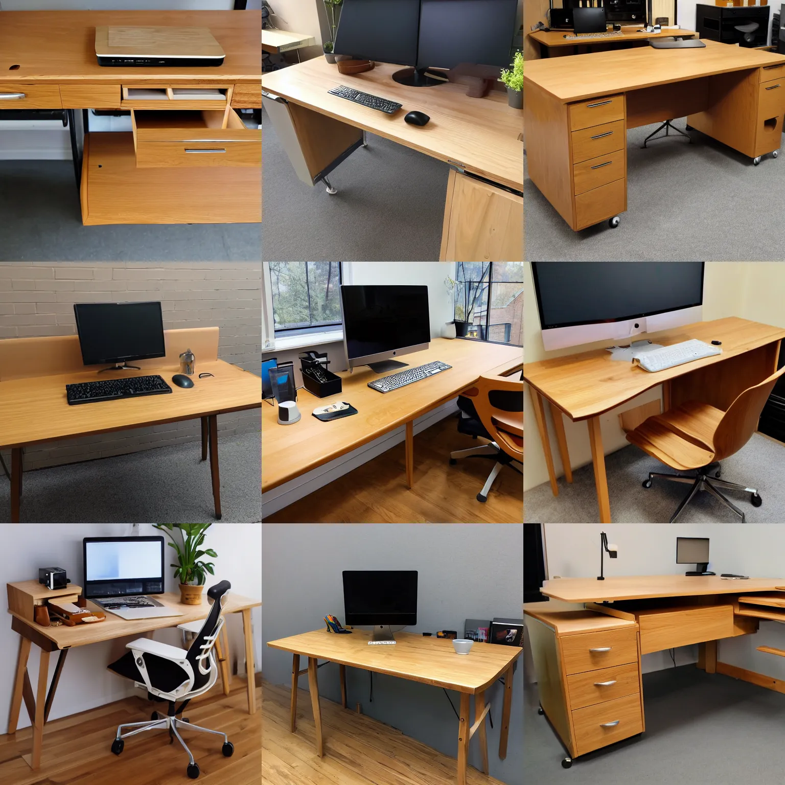 Prompt: extremely detailed, wide angle, desktop oak wood desk, eames chair design, 3 2 inch monitor, notebook, workbench, storage, tools