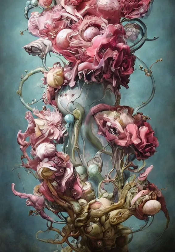 Image similar to a biomorphic painting of a vase with flowers and eyeballs in it, a surrealist painting by Marco Mazzoni, by Dorothea Tanning, Peter Mohrbacher, pastel blues and pinks, featured on artstation, metaphysical painting, oil on canvas, fluid acrylic pour art, airbrush art, seapunk, rococo, lovecraftian