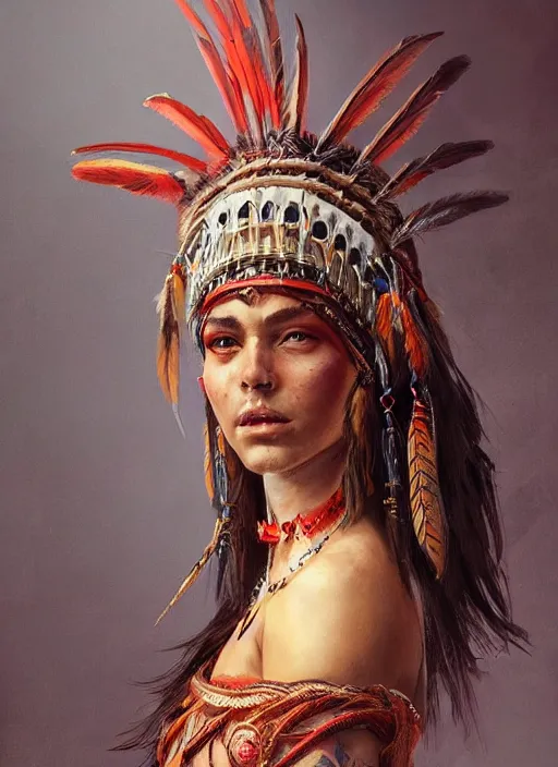 Image similar to gorgeous redskin woman wearing headdress, intricate, elegant, highly detailed, artstation, concept art, smooth, sharp focus, illustration, art by stefan kostic and greg rutkowski