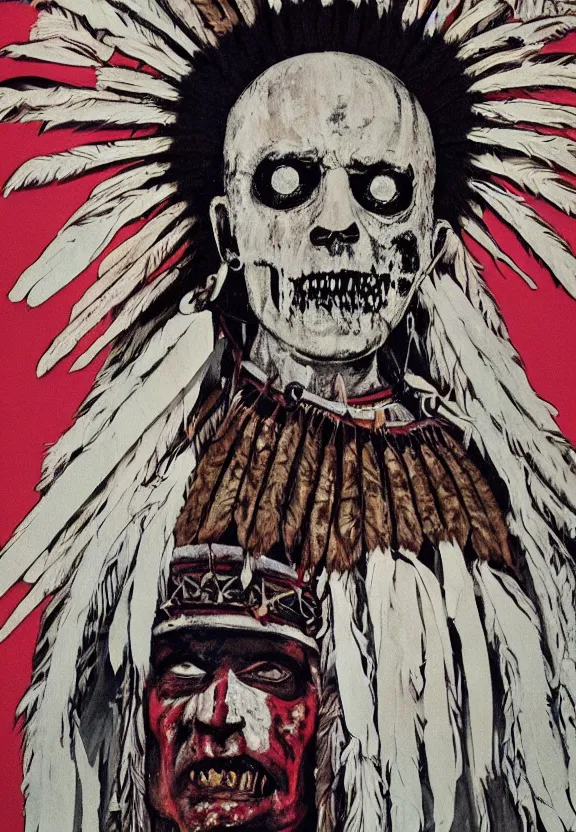 Prompt: close up portrait of zombie Pope Francis wearing a Native American Indian Feathered Headdress War Bonnet, dead redemption, by Kara Walker