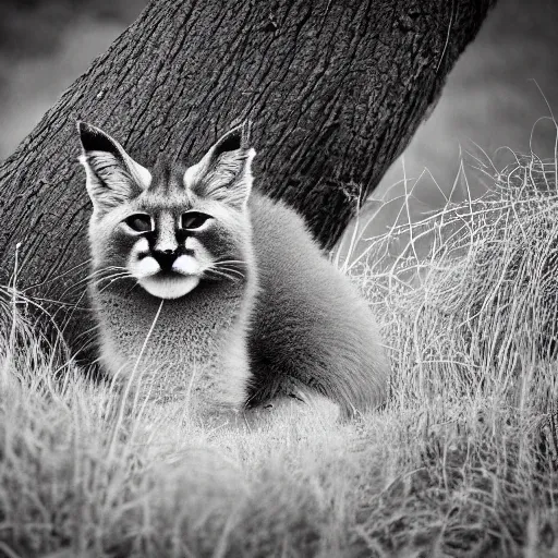 Image similar to cute fluffy caracal in ansel adams ghost town fujifilm 5 0 - 1 4 0 mm f 2. 8 long - exposure photographs that convey ominous and calm spooky