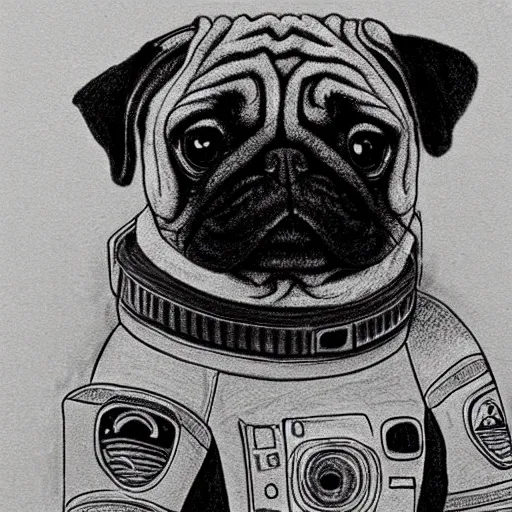 Image similar to pencil art, golden - ratio, spirals, highly detailed, astronaut pug in outer space by davinci.