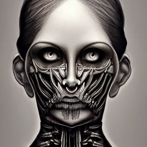 Prompt: ! dream hyperrealistic photography of a highly detailed and symmetrical gorgeous cyborg female, rib cage, in the style of beth cavener, jin kagetsu, james jean and wlop, highly detailed, face symmetry, masterpiece, award - winning, sharp focus, intricate concept art, ambient lighting, 8 k, artstation