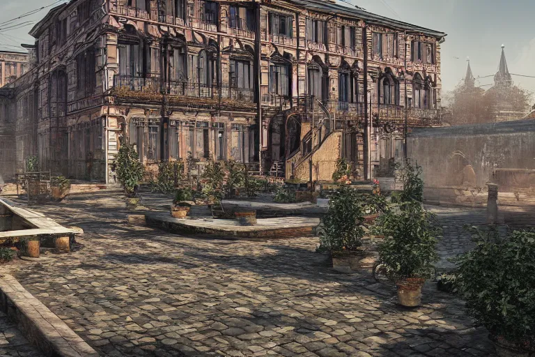 Image similar to a regular russian courtyard with mud and an old playground between two soviet five-storey panel houses, high details, cinematic, 8k resolution, beautiful detailed, insanely intricate details, artstation trending, octane render, unreal engine