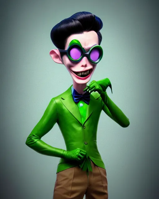 Prompt: an epic comic book style full body portrait painting of the Riddler bubble head, elegant, character design by Mark Ryden and Pixar and Hayao Miyazaki, unreal 5, DAZ, hyperrealistic, octane render, cosplay, RPG portrait, dynamic lighting, intricate detail, summer vibrancy, cinematic