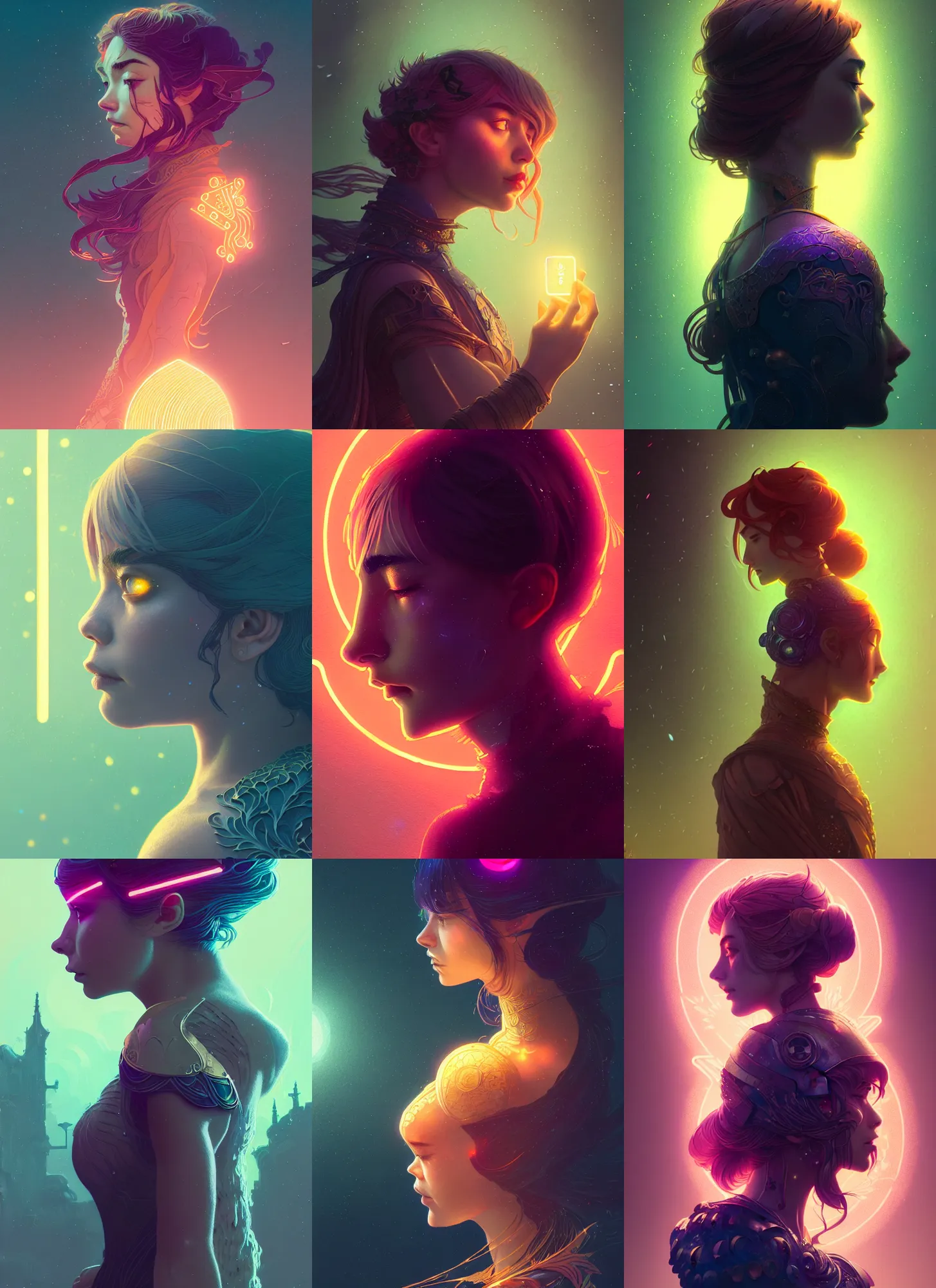 Prompt: side portrait, imogen poots, paladin, gloomhaven, octane render, tarot card, art nouveau, neon, luminescent, illustration concept art, bokeh, by victo ngai, fanbox, greg rutkowski, makoto shinkai, takashi takeuchi, mucha,