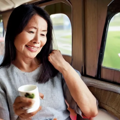 Prompt: beautiful woman 40 old year sit on coach and drink green tea