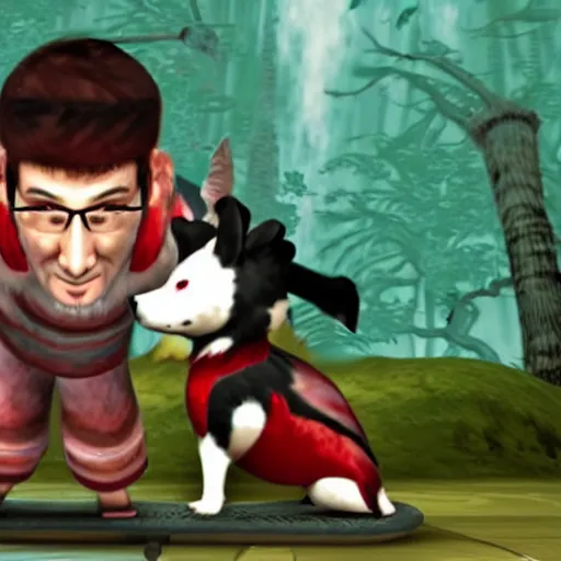 Image similar to Screenshot of the Markiplier character in the Playstation 2 game Okami. HDR, 4k, 8k, Okami being petted by Markiplier, who is looking at the camera.