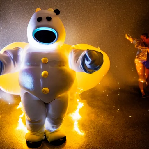 Prompt: cinematic photo of the michelin man dancing at a foam party with party lights