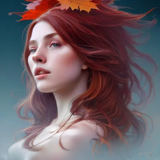 Image similar to girl with super long hair, hair becoming autumn red leaves, intricate, highly detailed, digital painting, artstation, concept art, smooth, sharp focus, illustration, unreal engine 5, 8 k, art by artgerm and greg rutkowski and alphonse mucha