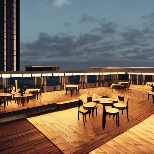 Image similar to rooftop bar overlooking beach in the style of Antoni Guadi, in the style of Mies van der rohe, photograph in style of Julius Shurman, warm light glowing, relaxing, dusk, cinematic lighting, trending on artstation