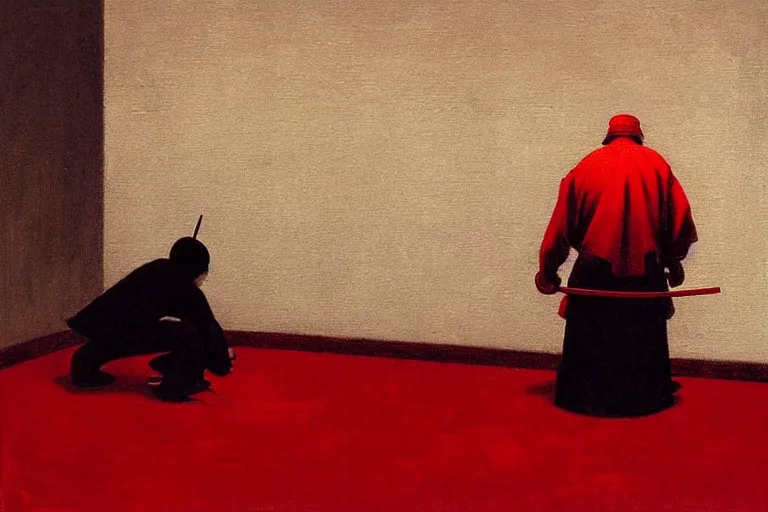 Image similar to only with red, a red samurai do seppuku, tokio, a lot of frogs watch, in the style of beksinski, parts by edward hopper, parts by rodcenko, parts by yue minjun, intricate and epic composition, red by caravaggio, insanely quality, highly detailed, masterpiece, red light, artstation, 4 k