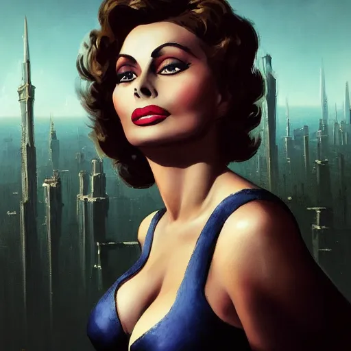 Image similar to closeup portrait of a young sophia loren as a 1 9 2 0 s femme fatale, city background, megacity, high fantasy, dramatic light, gorgeous view, depth, high detail, digital art, painted by greg rutkowski, trending on artstation