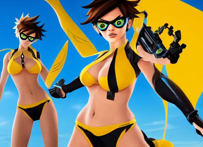 tracer game character, in black bikini, blonde hair