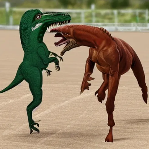 Image similar to a realistic photo of a green velociraptor boxing a brown horse