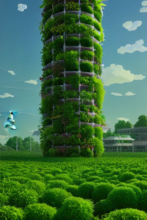 Image similar to vertical agriculture, solarpunk, studio ghibli, octane render, 4 k