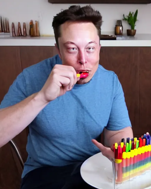 Image similar to a man eating crayons with a fork, elon musk, 4 k, high quality, crayons served on a plate