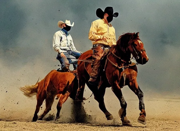 Image similar to a cowboy horse chase vigilantes with face masks disguise, shoot out, exploding horse wide shot, from the hit 1 9 9 0 s tv show on tnt