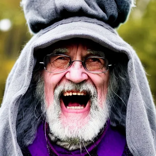 Image similar to an old bald druid wizard with bushy grey eyebrows, long grey hair and wearing a grey wizard hat, disheveled, wise old man, wearing a purple detailed coat, a bushy grey beard, sorcerer, he is a mad old man, laughing and yelling
