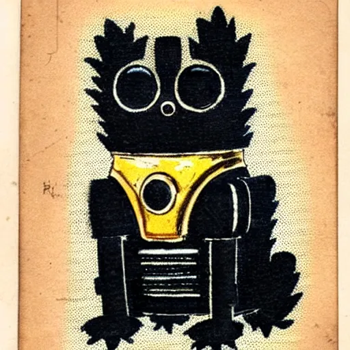 Image similar to a cute retro black pomeranian robot!!!!!! ( ( ( alcohol ink on parchment, muted colors, shading!!!, detailed, textured parchment background, 1 9 5 0 s concept art ) ) )