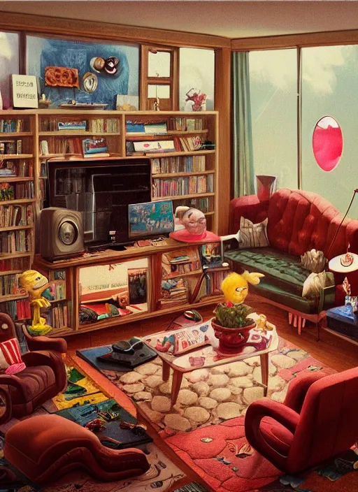Image similar to highly detailed wide - angle portrait of a retro 1 9 6 0 s living room, nicoletta ceccoli, mark ryden, lostfish, earl nore, hyung tae, frank frazetta, global illumination, god rays, detailed and intricate environment